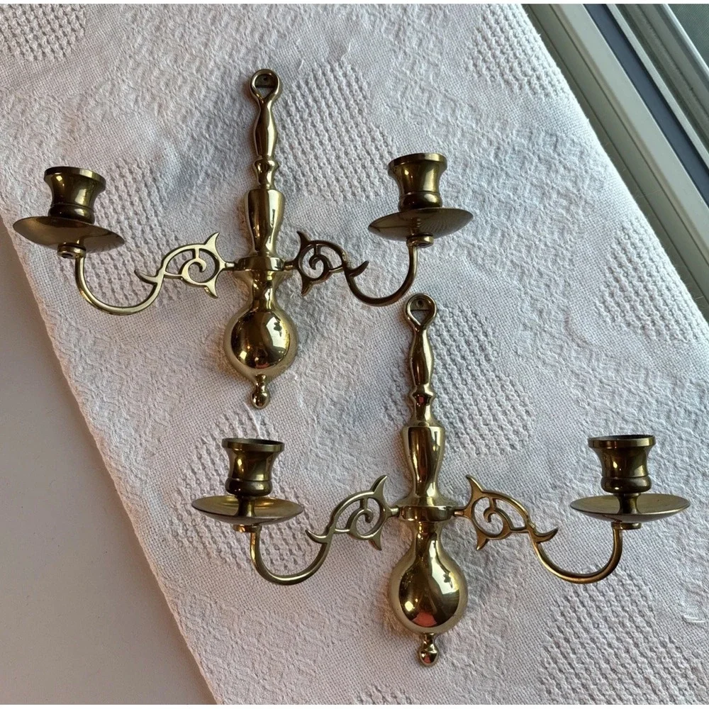 VTG Brass 2-Arm Wall Sconce Candle Holders Polished Gold Baroque Scroll Set of 2